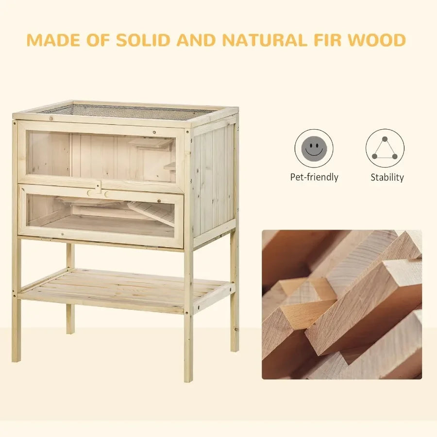 Three Tier Wooden Hamster Cage Openable Top Front Door Storage Shelf