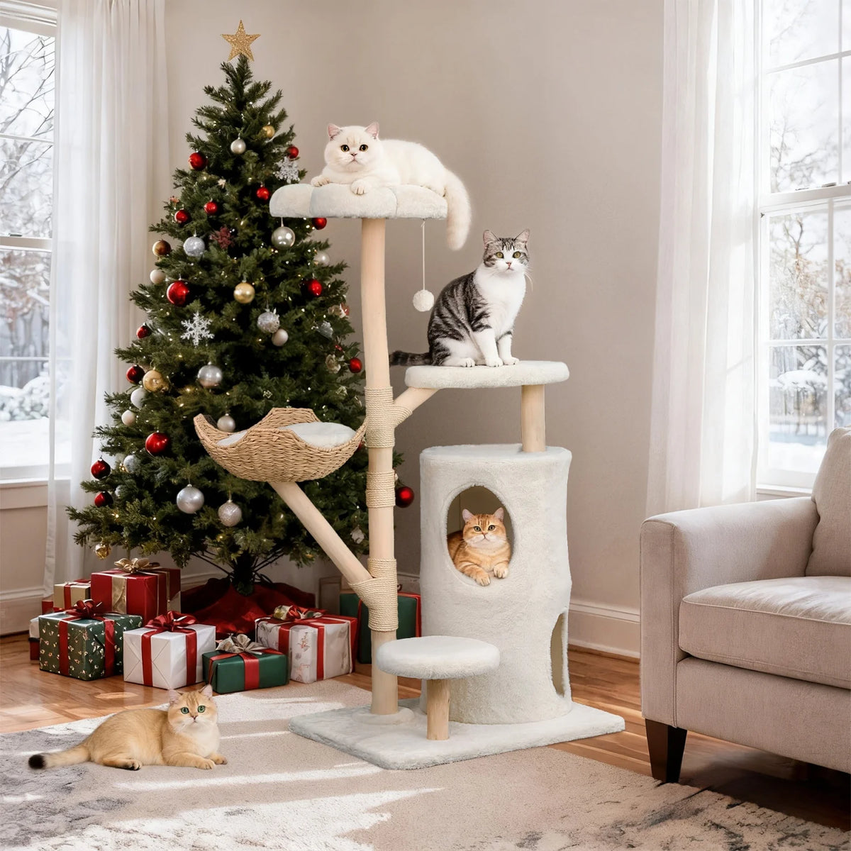 Bingopaw 136Cm Five Tier Cat Tree Activity Center With Wicker Basket