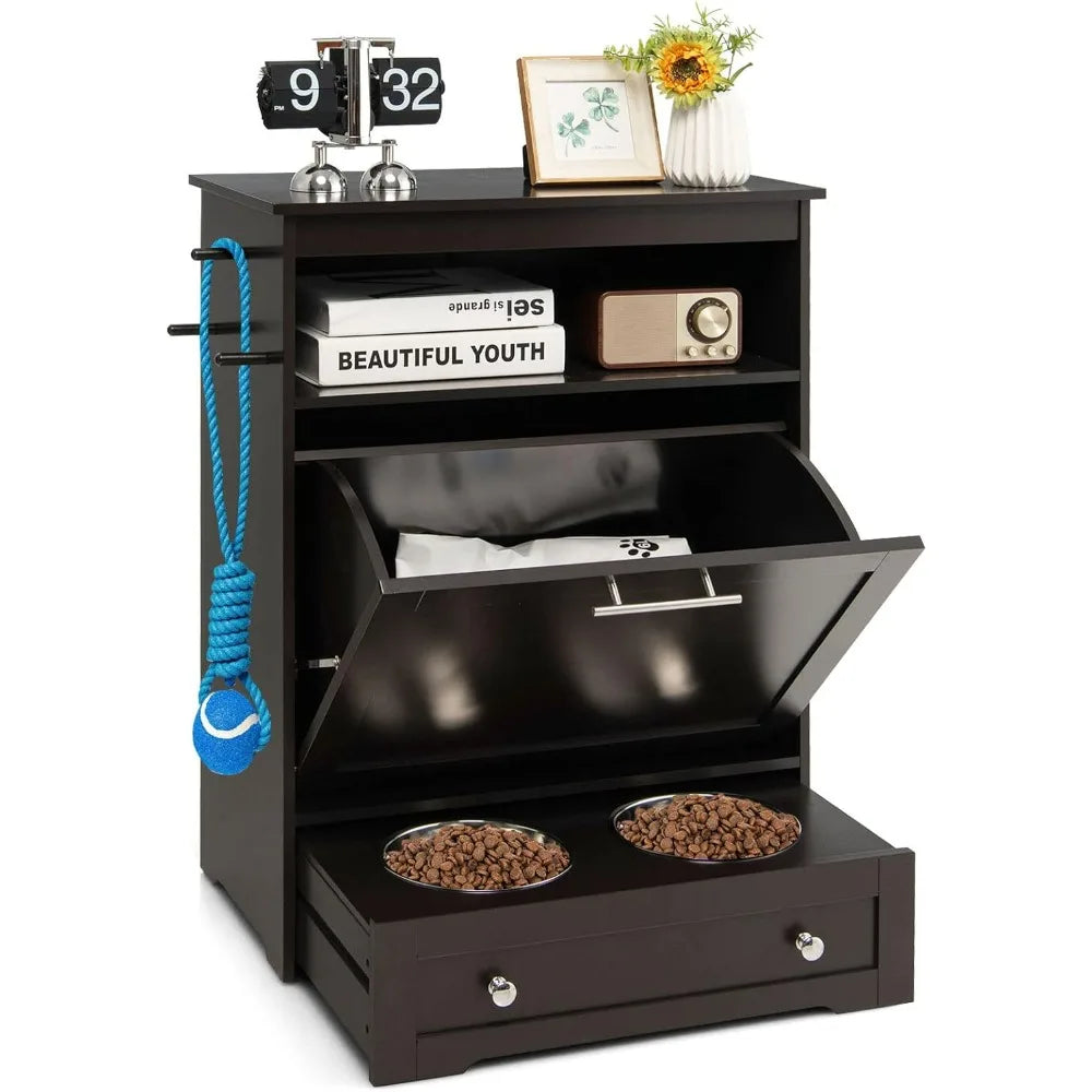 Pet Feeder Station With Double Bowls And Storage Cabinet