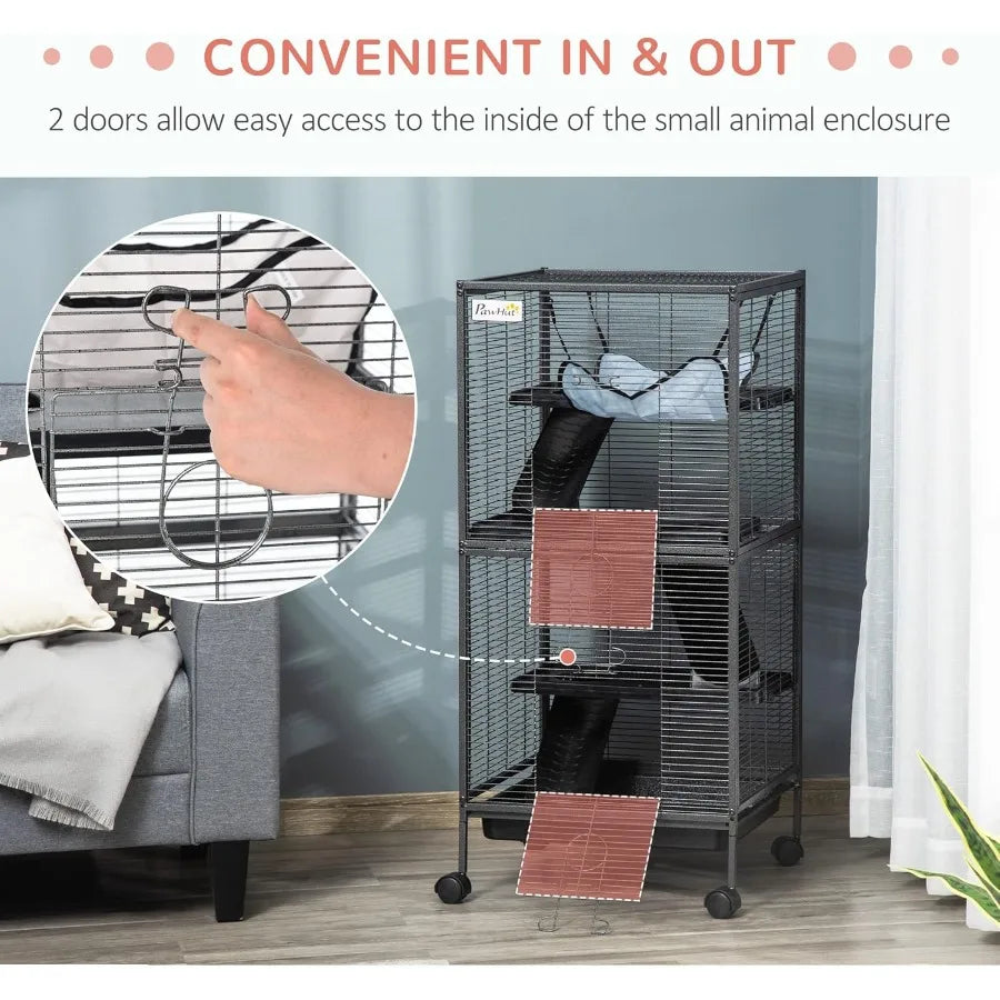 NONECN Metal Small Animal Cage 4 Tier Rolling Ferret Cage With Hammock Tray