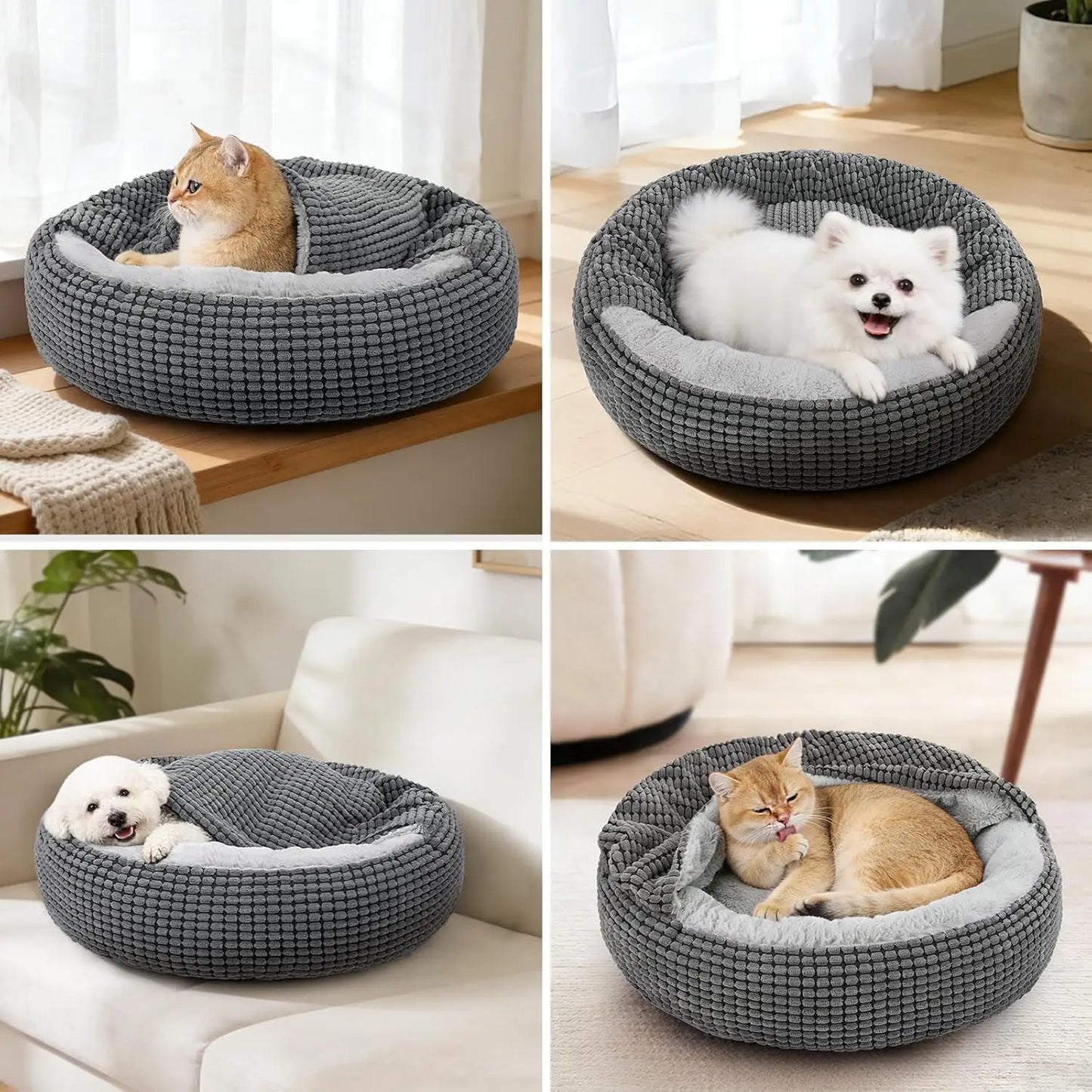 Soft Plush Donut Hooded Dog Bed With Attached Blanket