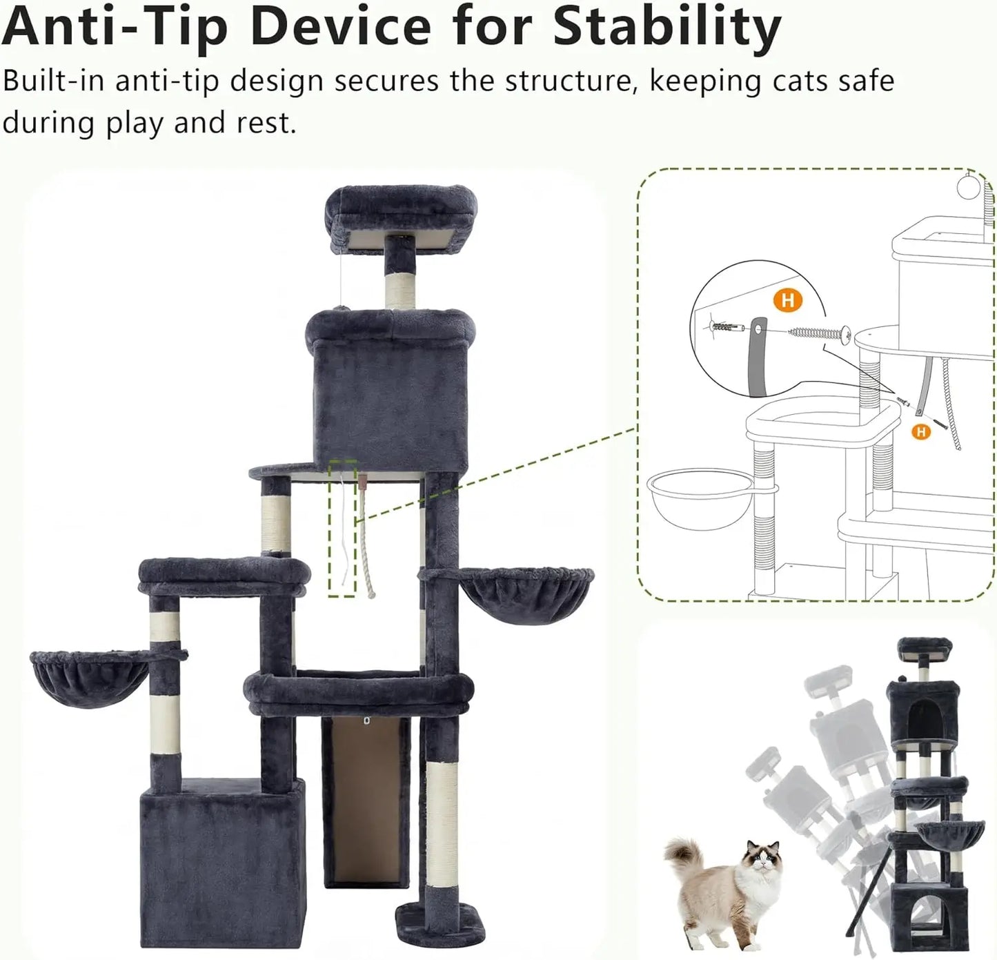 Anti Tip Cat Tree For Large Cats With Sisal Scratching Posts
