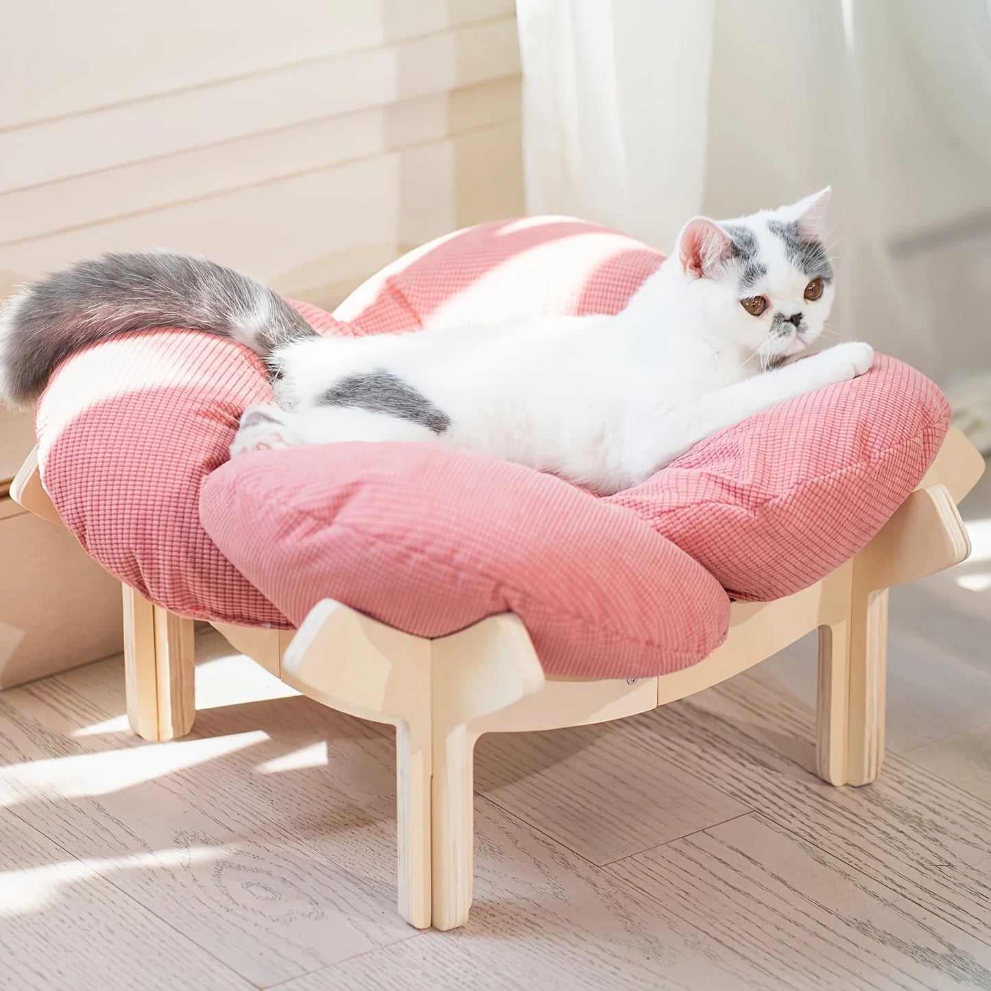 Raised Wooden Cat Bed With Soft Cushion Indoor Use