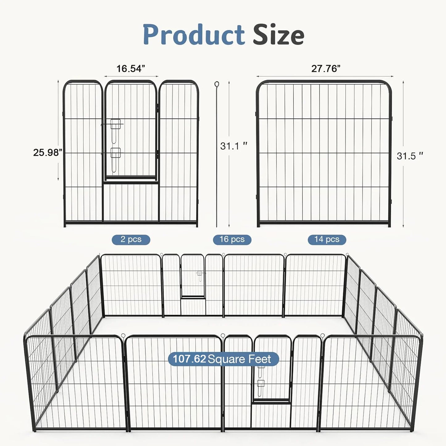 JHK 16 Panels Foldable Dog Playpen Metal Pet Fence For Indoor Outdoor