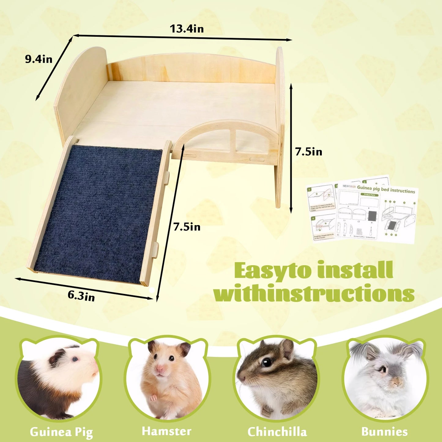 Guinea Pig Bed With Stable Stairs And Mat Wooden Construction