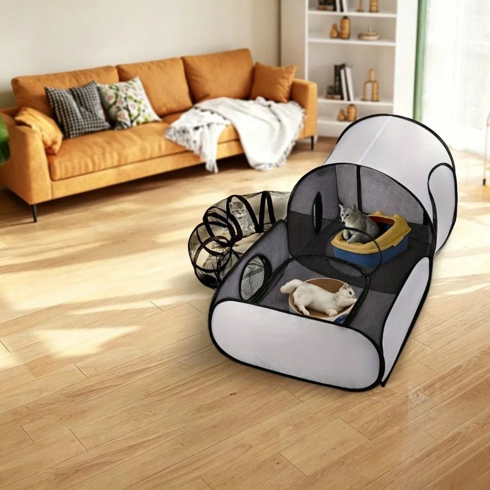 Foldable Cat Tent With Tunnel Breathable Polyester Indoor Outdoor Playpen