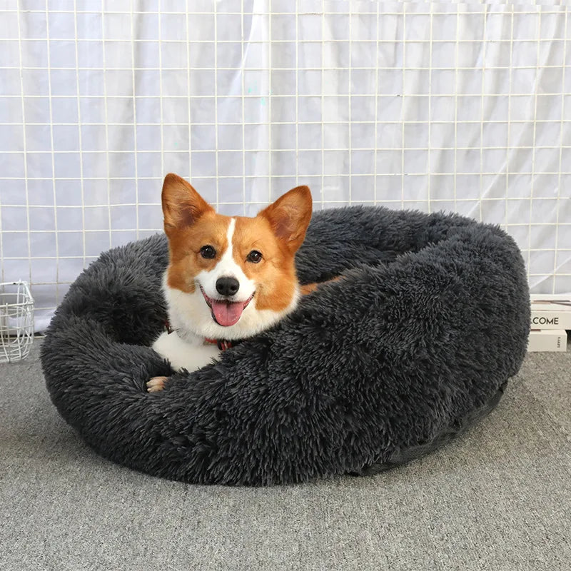 Plush Donut Dog Bed With Washable Calming Cushion For Pets