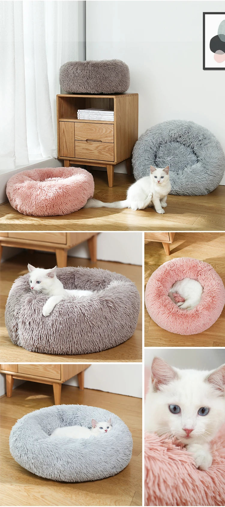 Plush Donut Dog Bed With Washable Calming Cushion For Pets