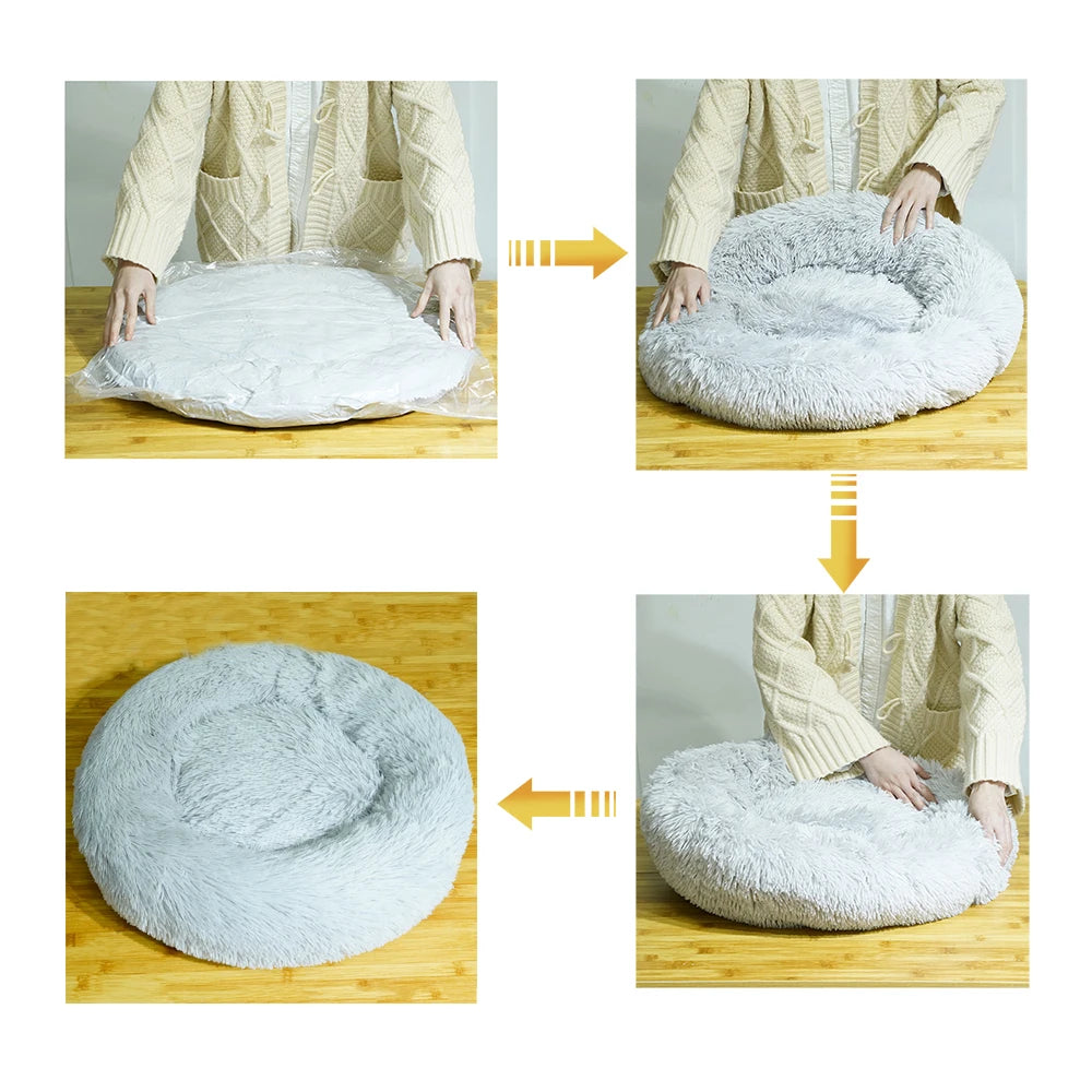Plush Donut Dog Bed With Washable Calming Cushion For Pets