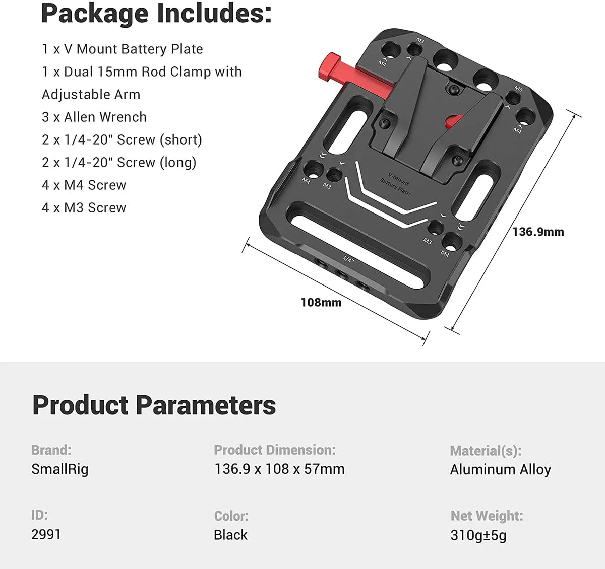 SmallRig V Mount Battery Plate With Adjustable Arm And Rod Clamp