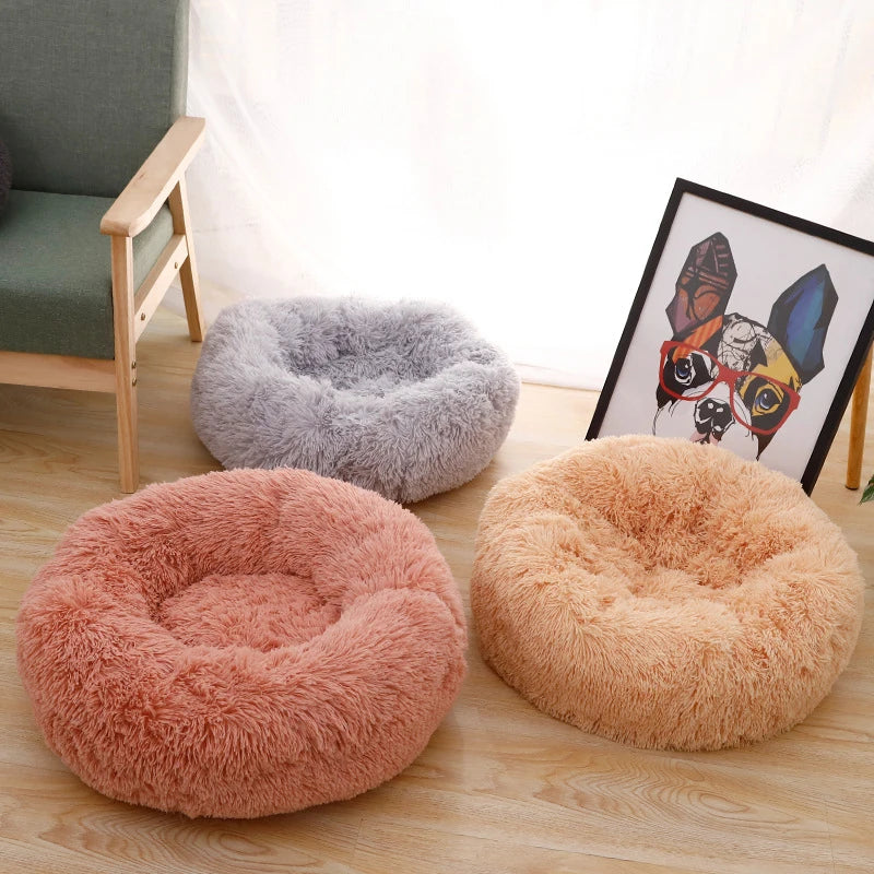 Plush Donut Dog Bed With Washable Calming Cushion For Pets