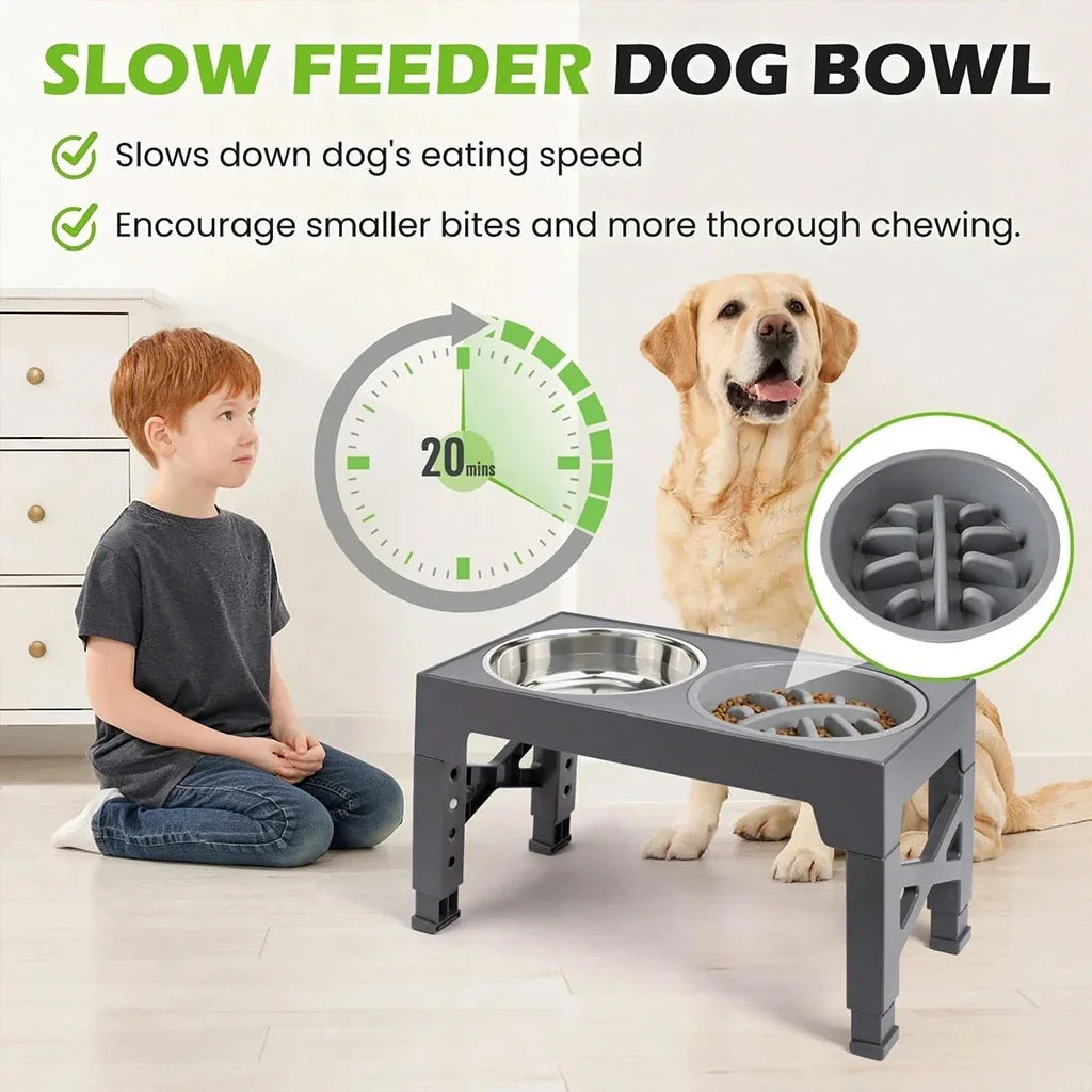 Adjustable Elevated Dog Feeder With Slow Feeder And Steel Bowls