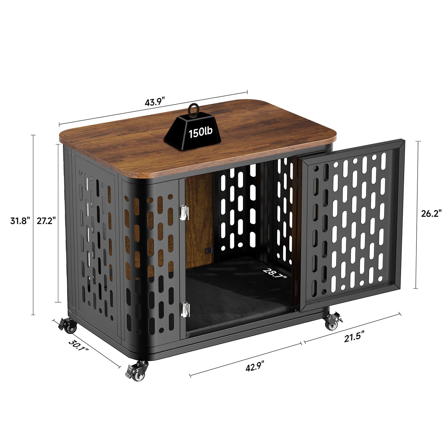ONBRILL Wood Dog Crate Kennel With Cushion And Wheels