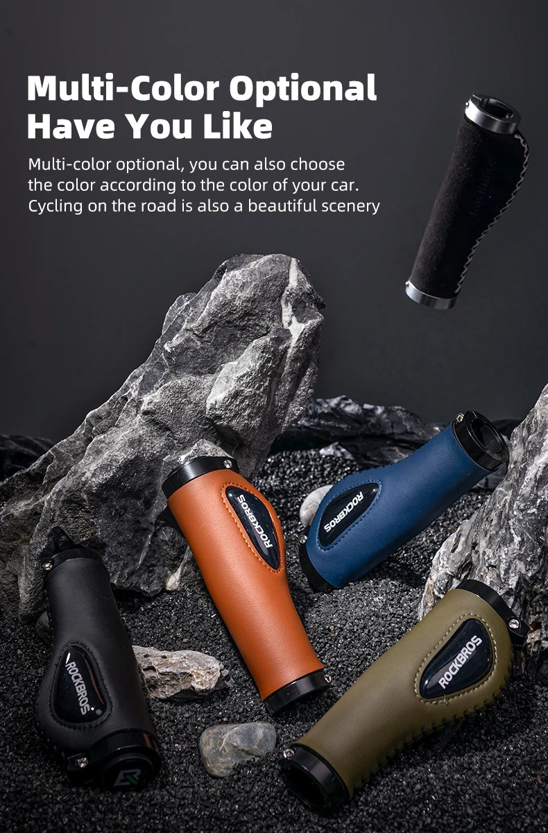 ROCKBROS Aluminum Alloy Leather Bicycle Handlebar Grips for Comfortable Riding
