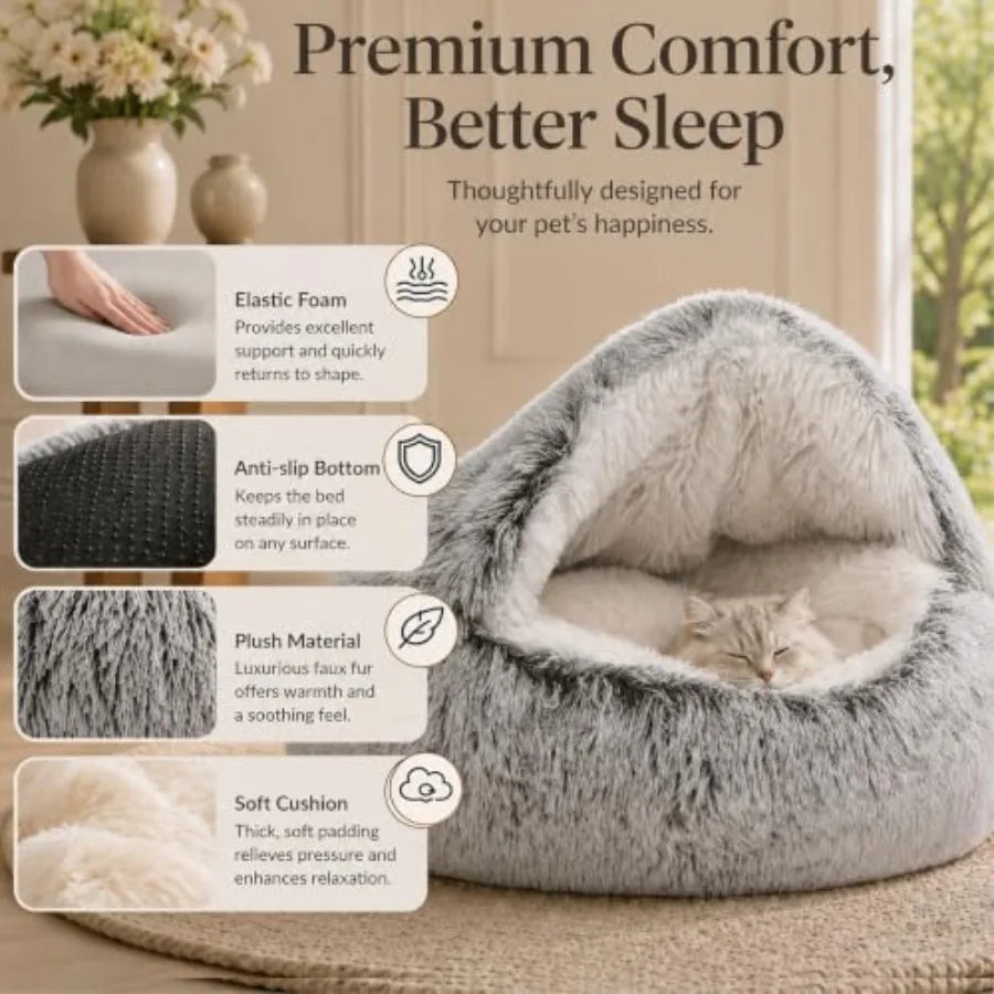 Round Plush Hooded Cat Bed For Indoor Cats Soothing Doughnut