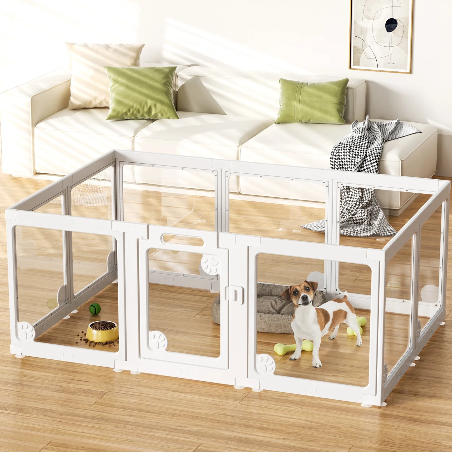 Clear Acrylic Dog Play Pen Indoors 24", 8 Panels Transparent Puppy Playpen with Door for Small Dogs Puppies, Modular Plastic Pet Playpen Cage Fence Crate for Cat Kitten Rabbit