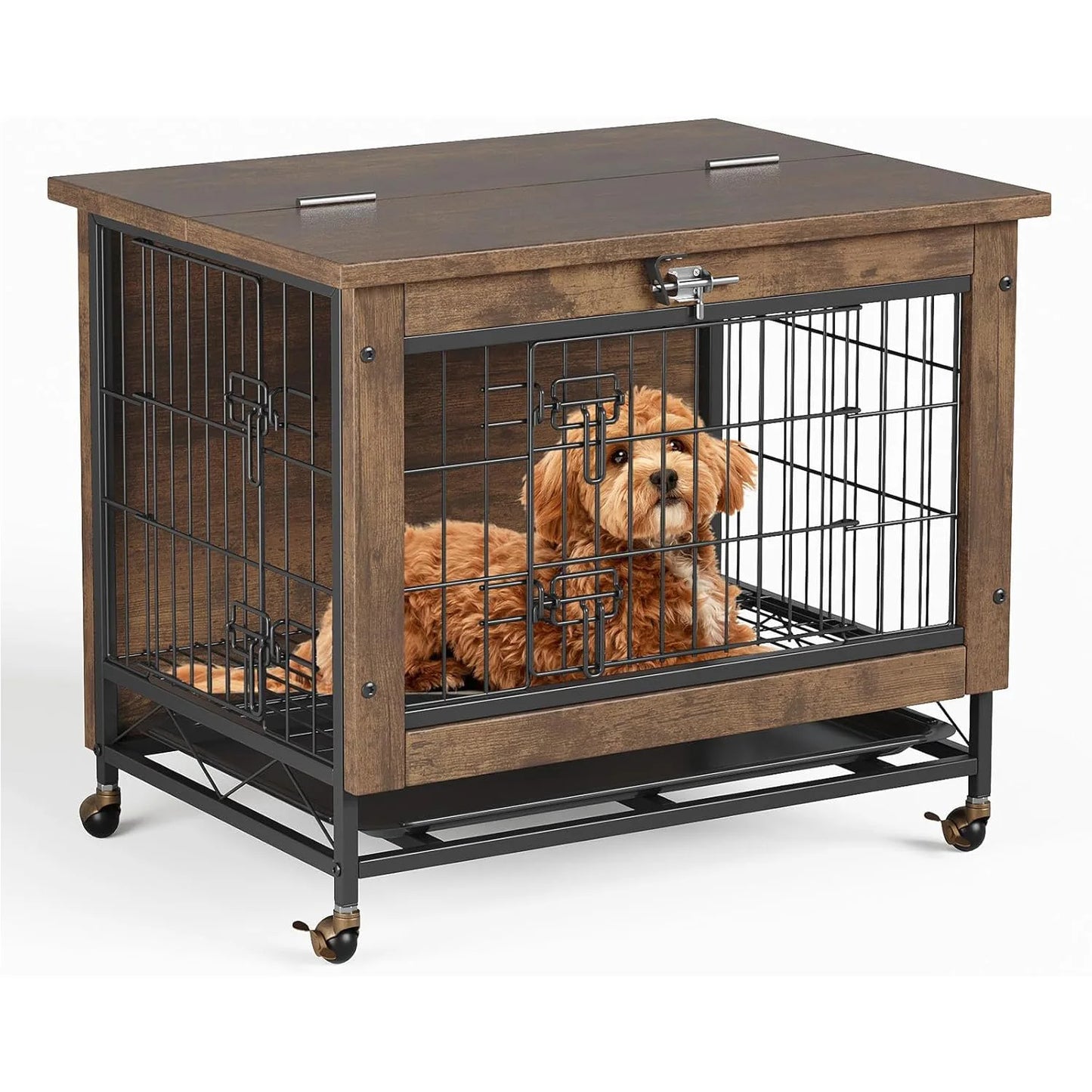 HiMISS Modern Wood And Metal Dog Crate Furniture With Wheels