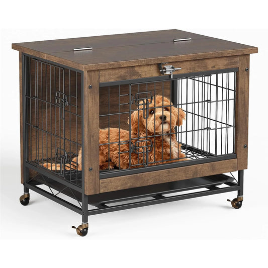 HiMISS Modern Wood And Metal Dog Crate Furniture With Wheels