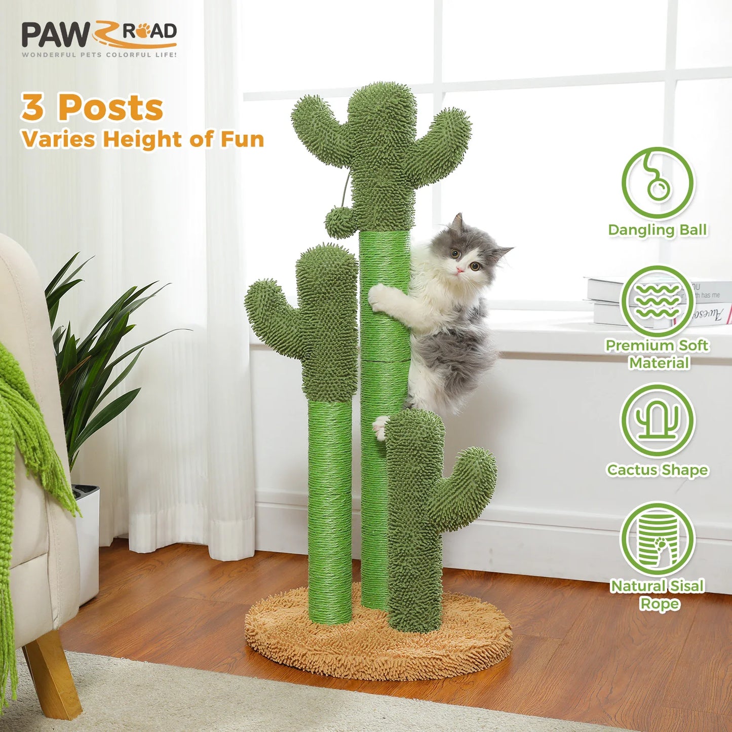 PAWZ Road Cactus Cat Scratching Post With 3 Sisal Poles