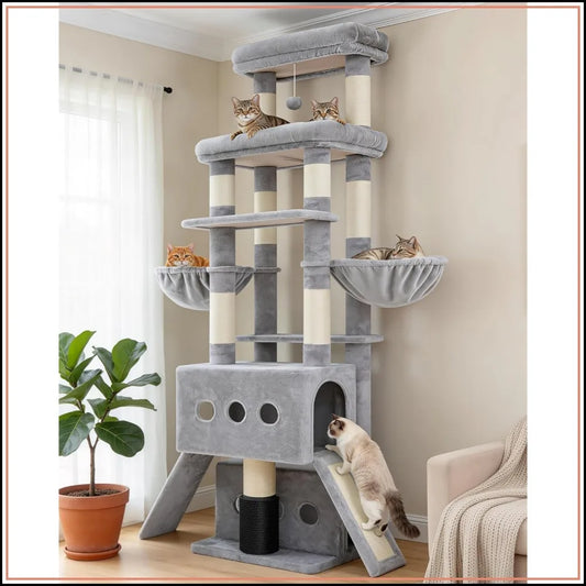Symmetrical Extra Large Multi-Level Cat Tree Tower With Condos Hammocks And Scratching Posts For Indoor Cats