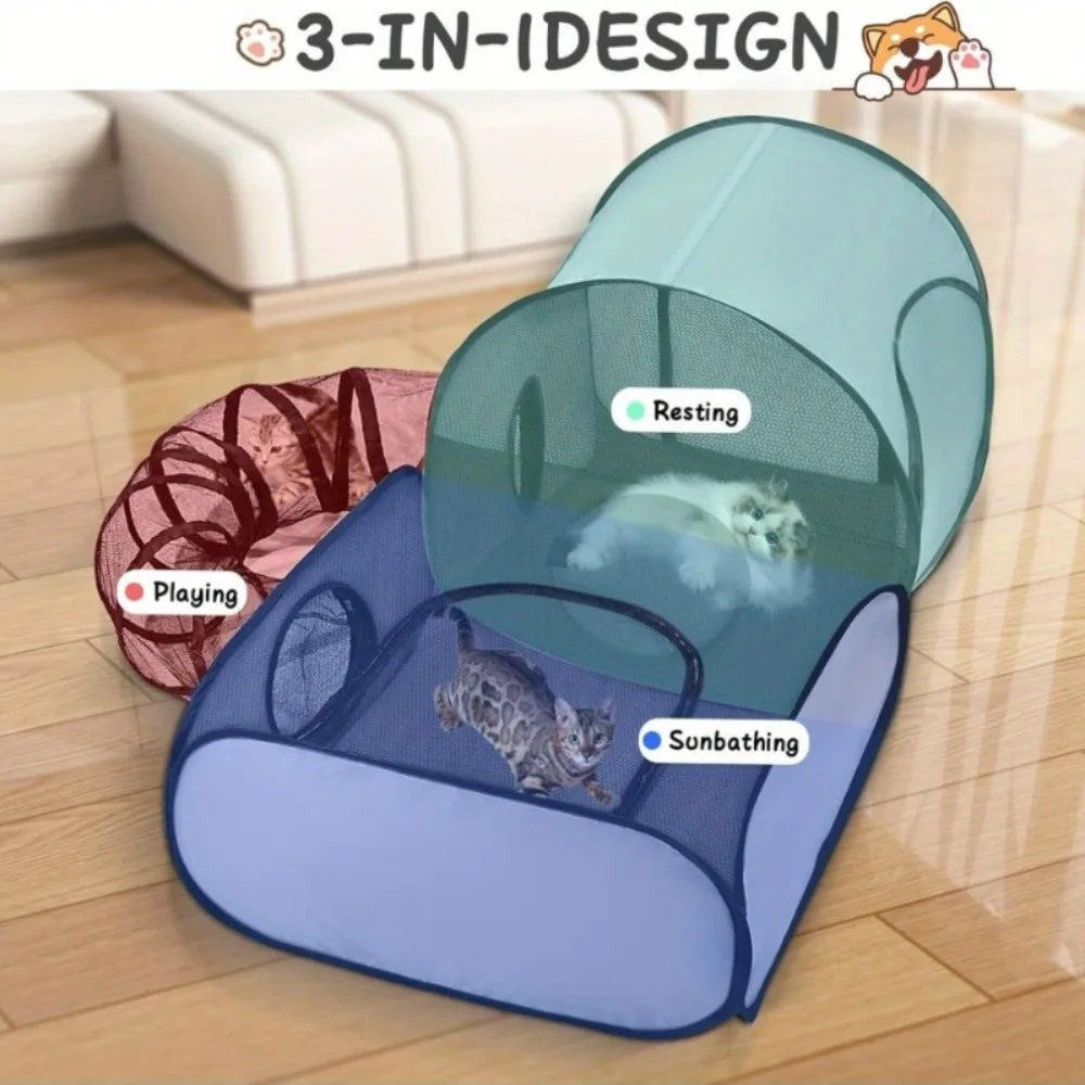 Foldable Cat Tent With Tunnel Breathable Polyester Indoor Outdoor Playpen