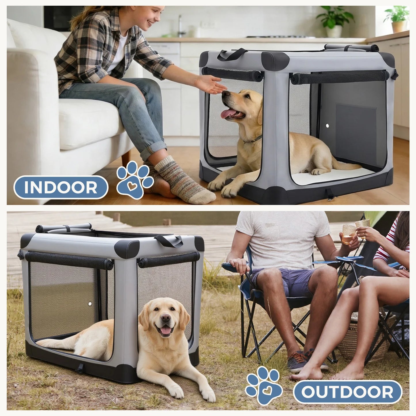 JHK 600D Oxford Fabric Foldable Soft Dog Crate With 3 Doors Indoor
