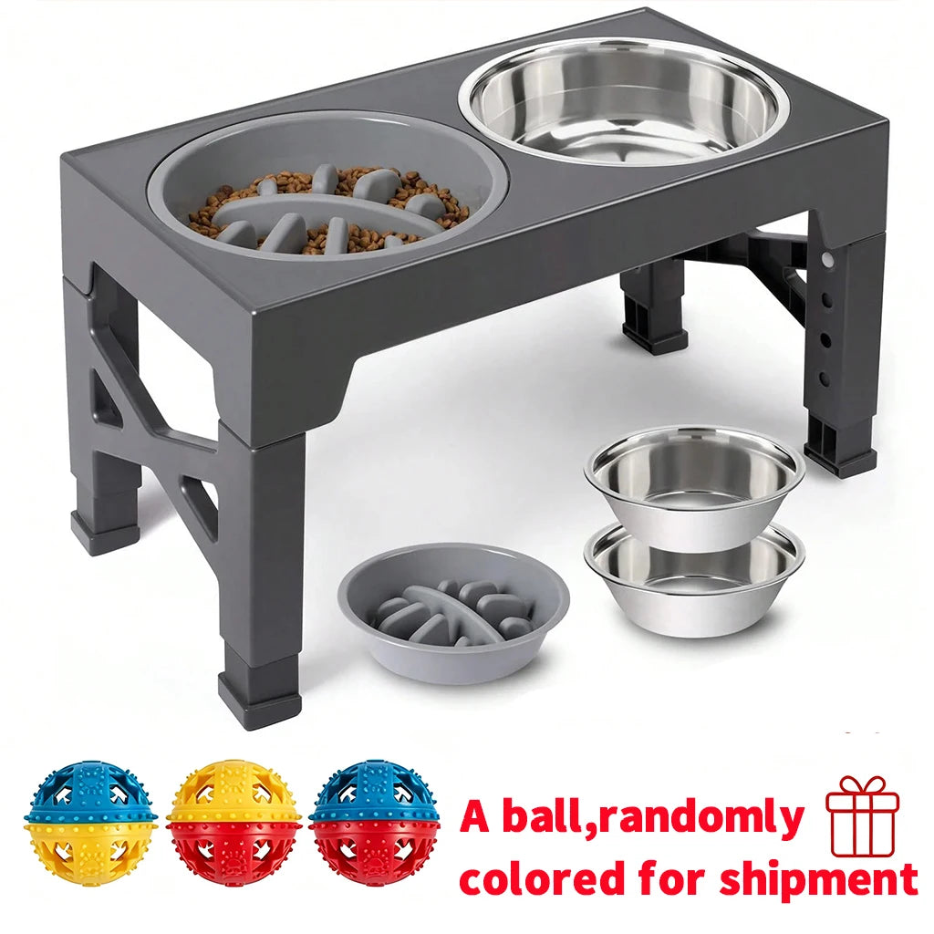 Adjustable Elevated Dog Feeder With Slow Feeder Bowl And Ball