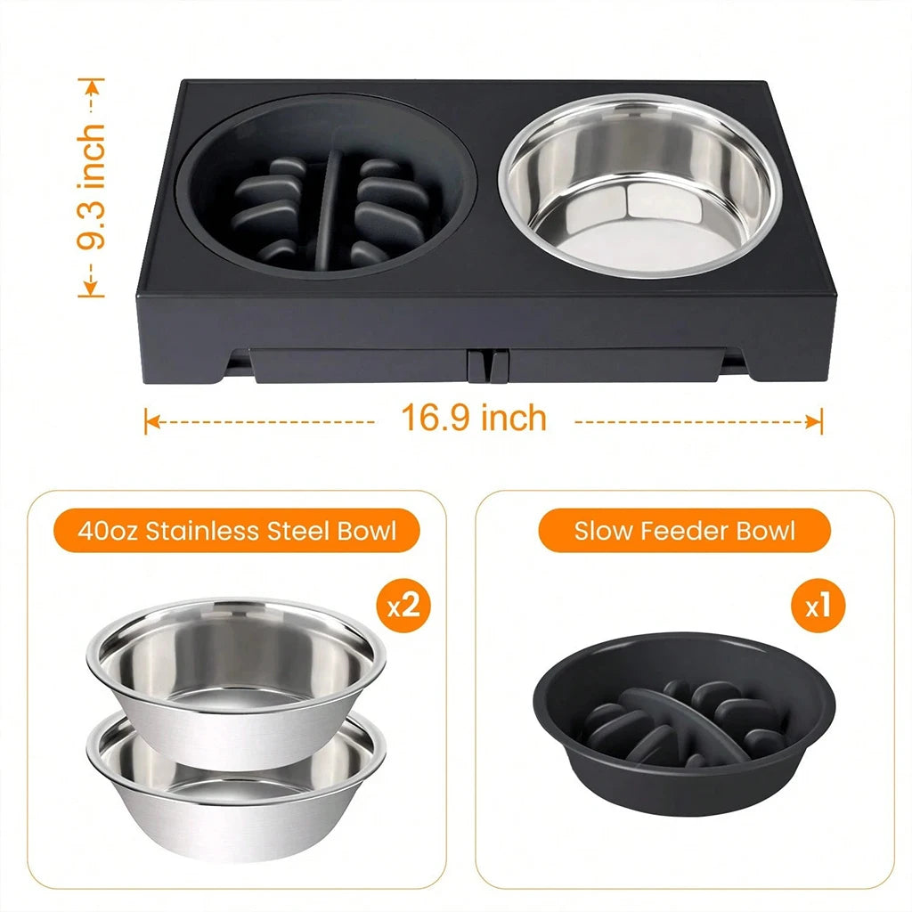 Adjustable Elevated Dog Feeder Slow Feeder And Stainless Steel Bowls