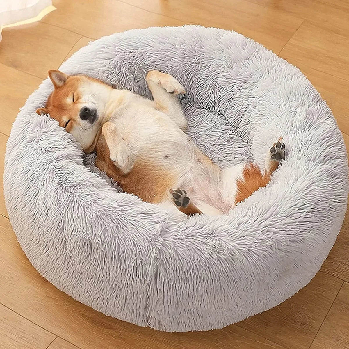 Plush Donut Dog Bed With Washable Calming Cushion For Pets