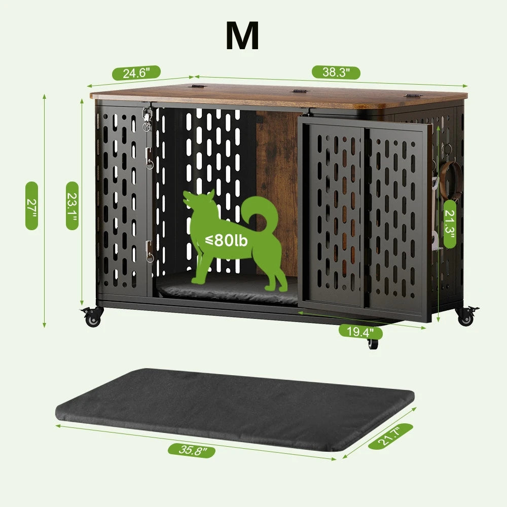 ONBRILL Wood Dog Crate Kennel With Cushion And Wheels
