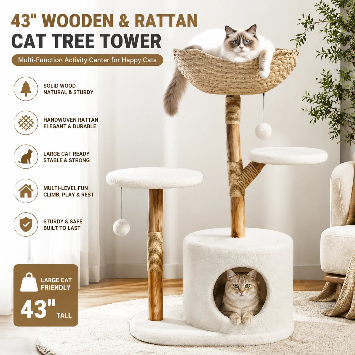 Wooden Cat Tree Tower With Rattan Multi Level Climbing Furniture