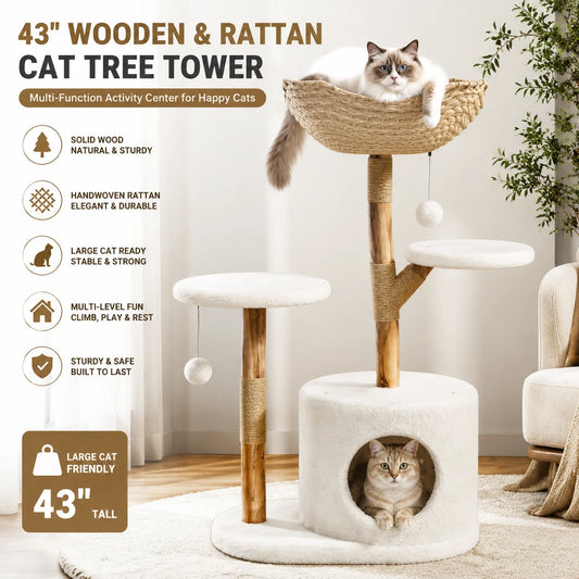 Wooden Cat Tree Tower With Rattan Multi Level Climbing Furniture