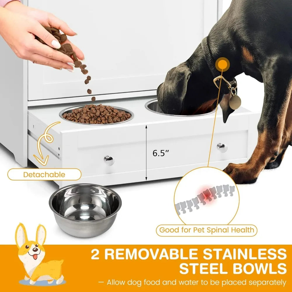 Pet Feeder Station With Double Bowls And Storage Cabinet
