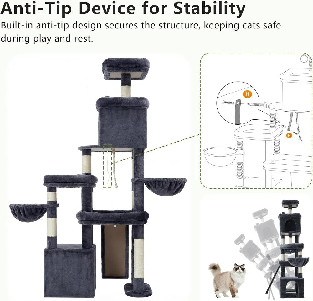 Anti Tip Cat Tree For Large Cats With Sisal Scratching Posts