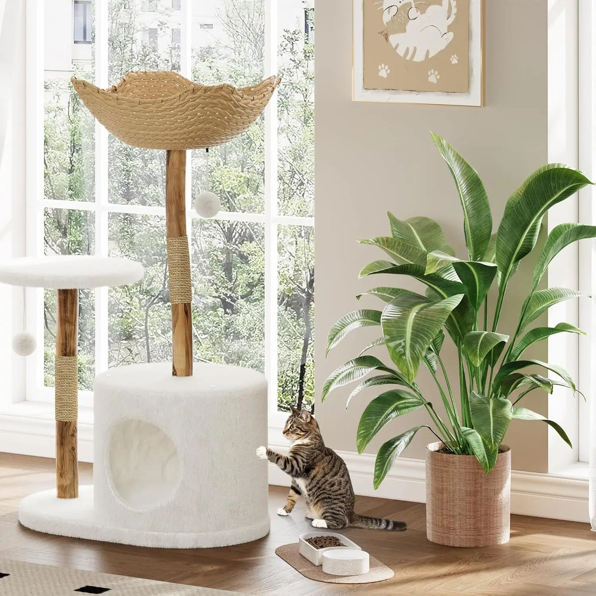 Wooden Cat Tree Tower With Rattan Multi Level Climbing Furniture