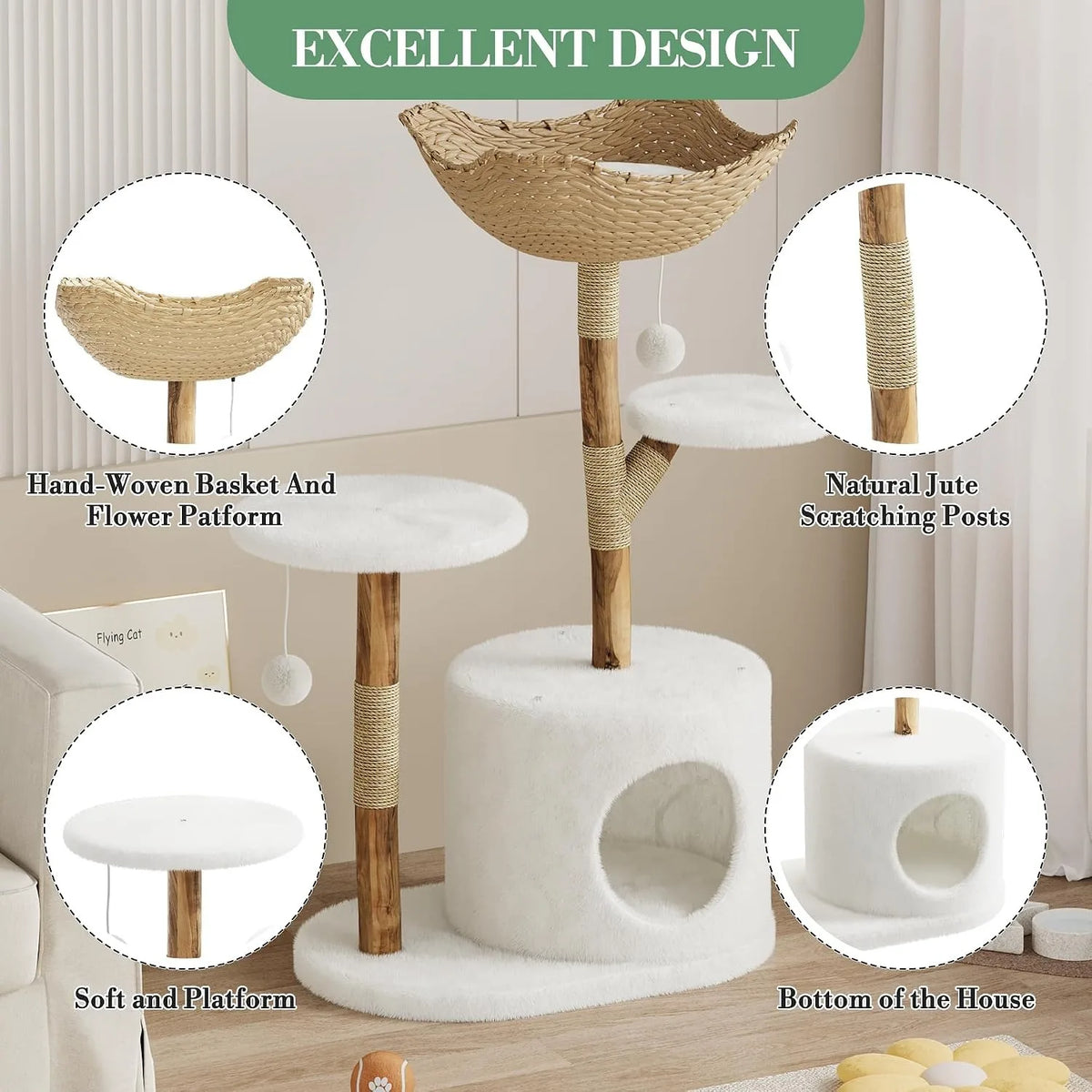 Wooden Cat Tree Tower With Rattan Multi Level Climbing Furniture