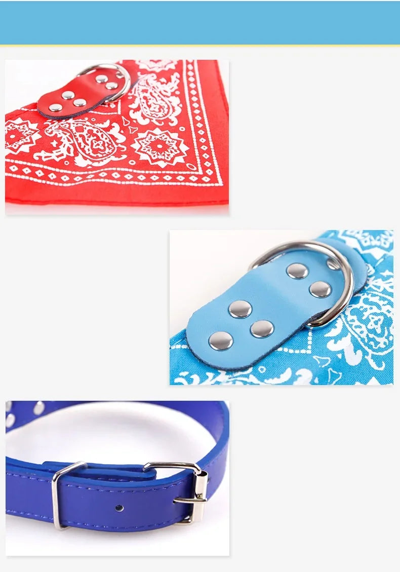 Adjustable Leather Dog Bandana Collar With Printed Pattern