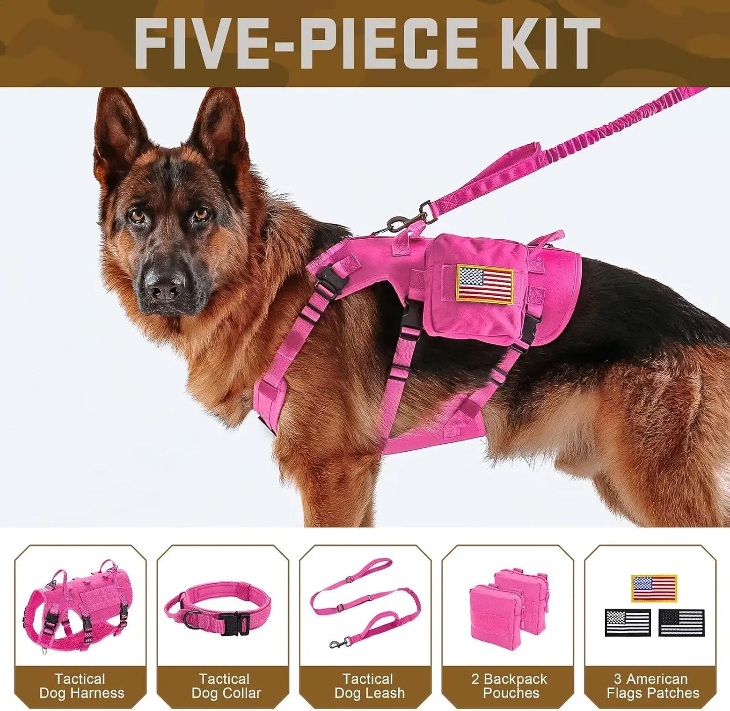 Tactical Dog Harness With Collar And Bungee Leash Set