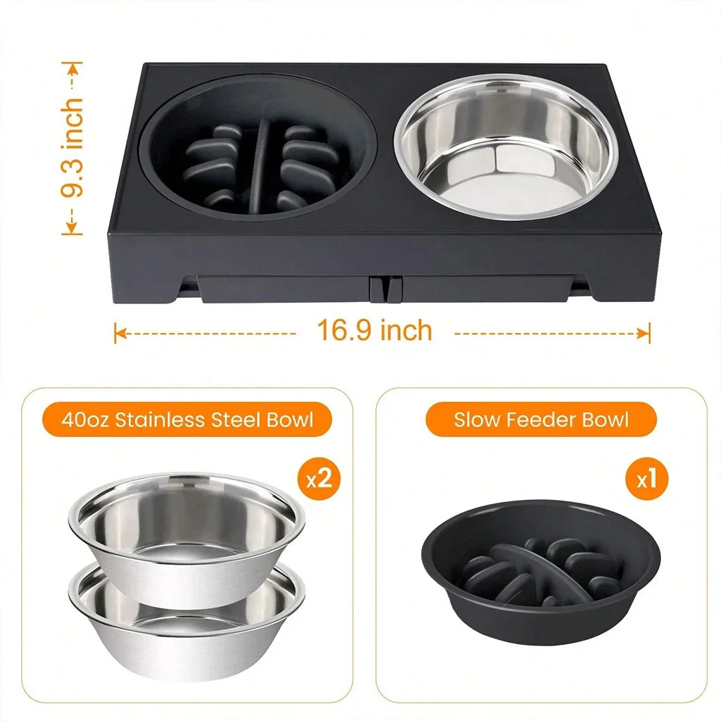 Adjustable Elevated Dog Feeder With Slow Feeder And Steel Bowls
