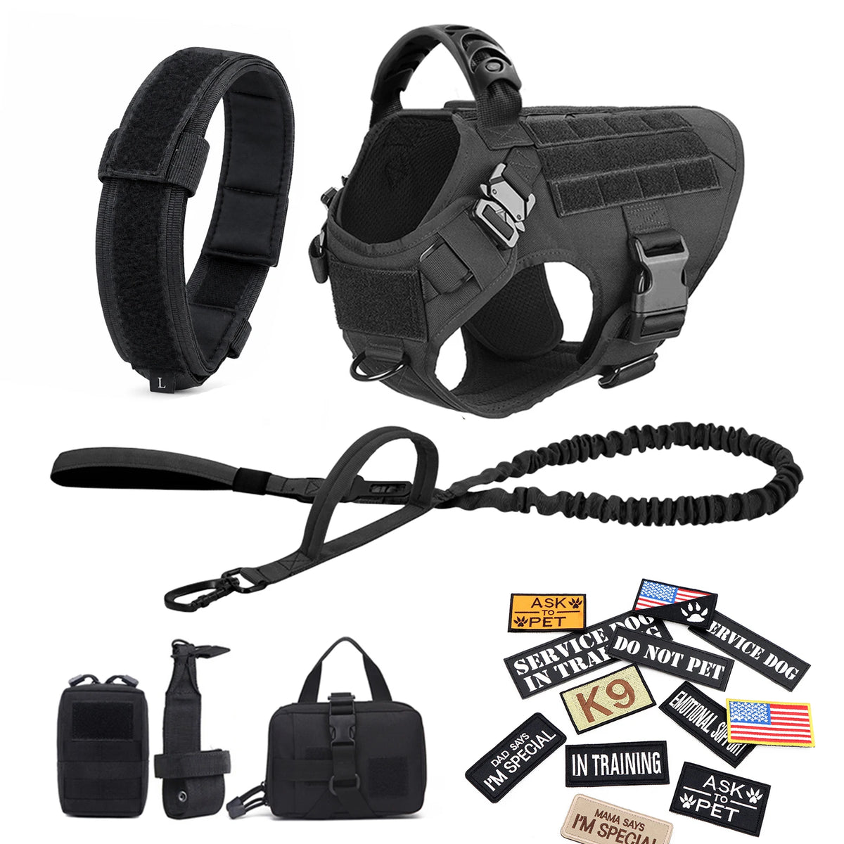 PETRAVEL Tactical Dog Harness Set with Collar Leash and Patches