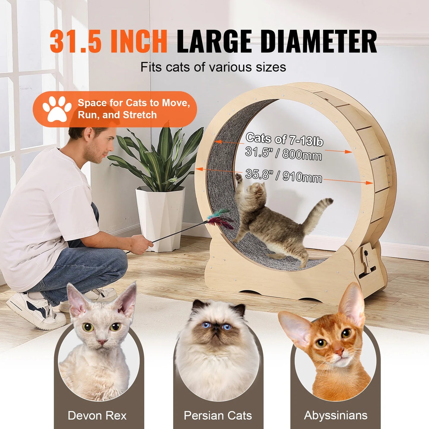 SucceBuy Wooden Cat Exercise Wheel With Detachable Carpet Teaser