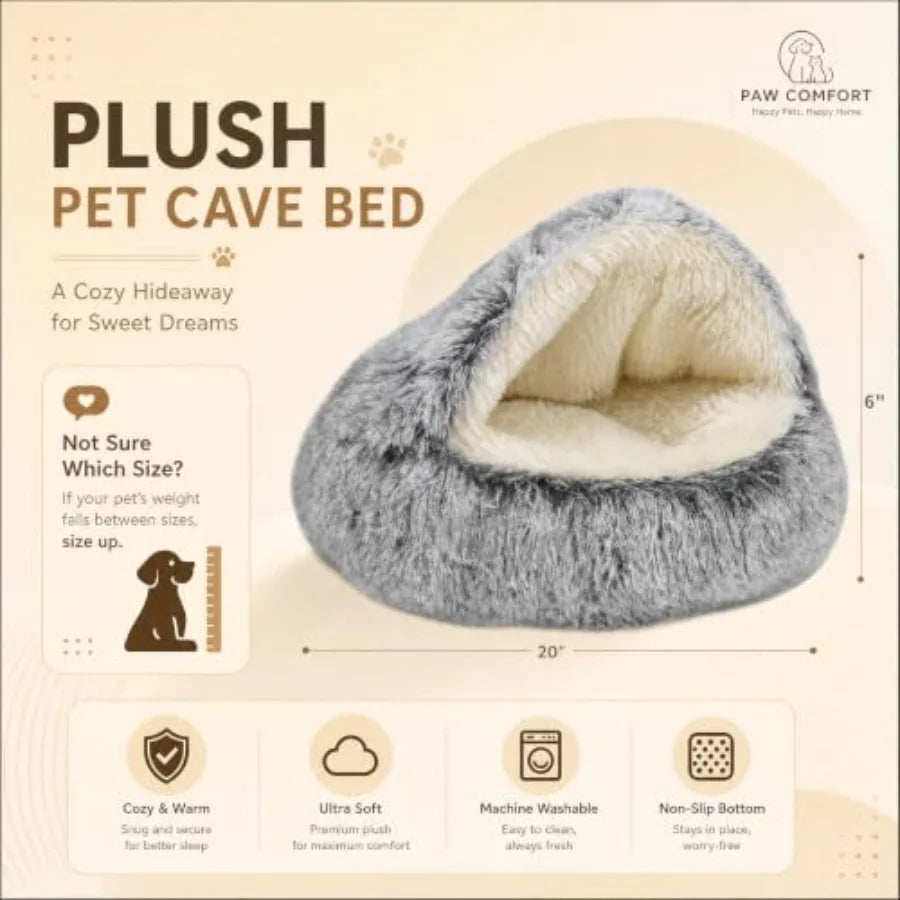 Round Plush Hooded Cat Bed For Indoor Cats Soothing Doughnut
