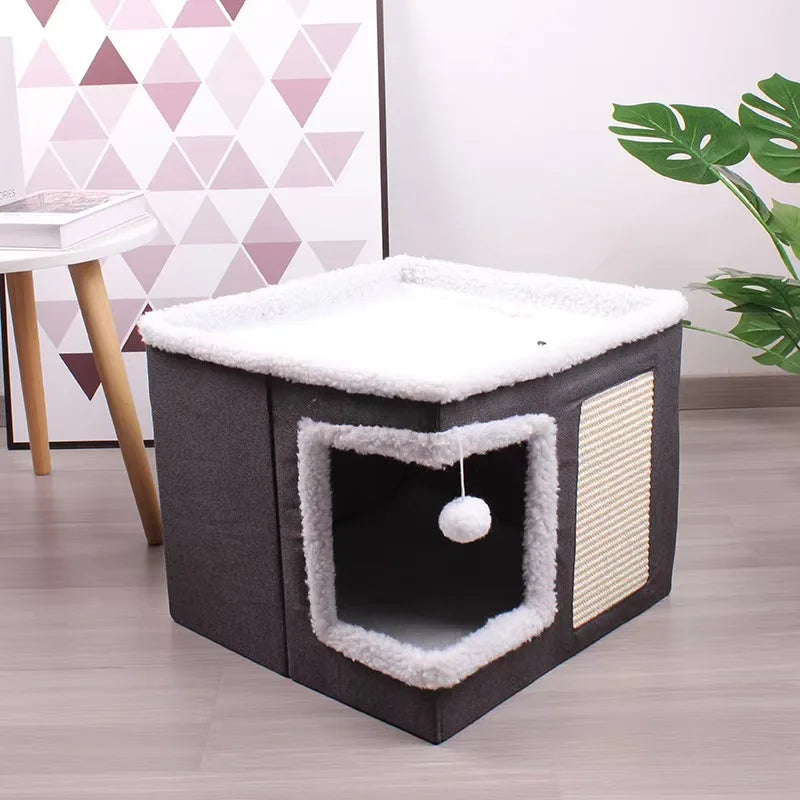 Foldable Cat Cave Bed With Fluffy Ball And Scratch Pad