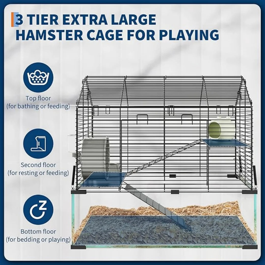HiMISSCN 3 Tier Hamster Enclosure With Glass Panels For Pets