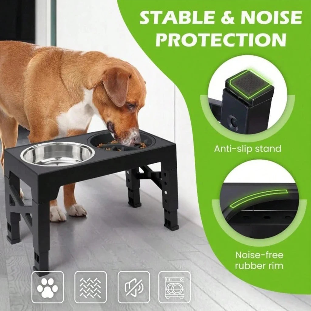Adjustable Elevated Dog Feeder With Slow Feeder Bowl And Ball