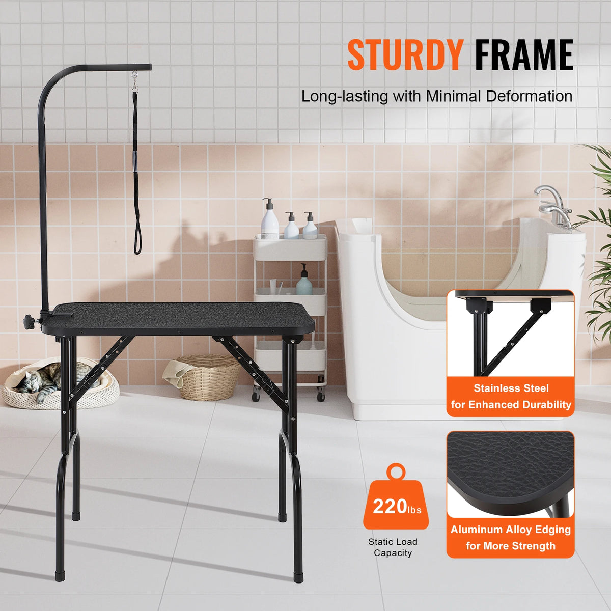 SucceBuy Foldable Dog Grooming Table Dual Arms And Grooming Loop