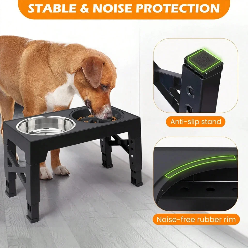 Adjustable Elevated Dog Feeder With Slow Feeder And Steel Bowls