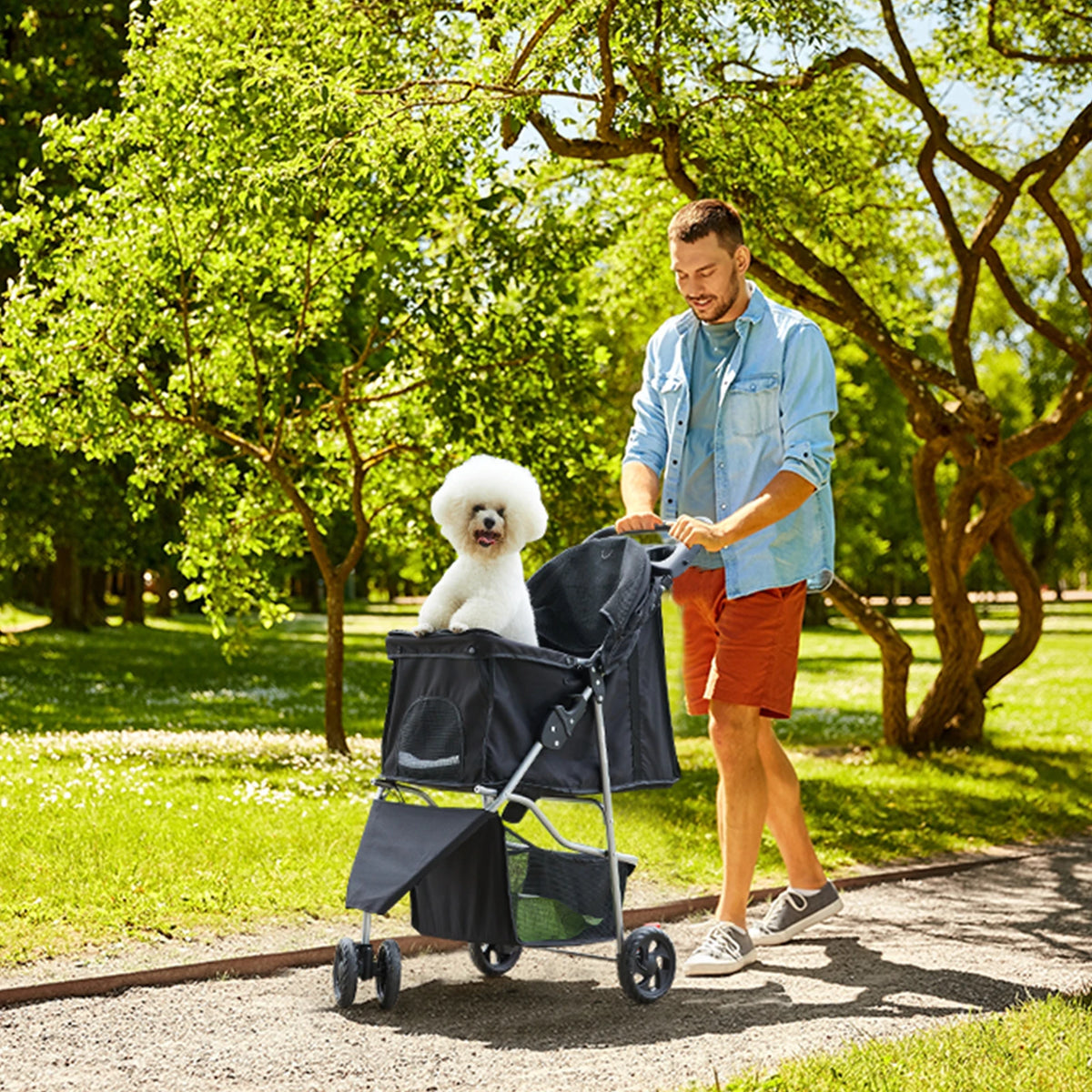 DUMOS Foldable Pet Stroller with Mesh Windows and Storage Basket