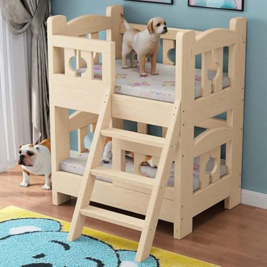 NONECN Dog Bunk Bed With Wood Frame And Side Ladder