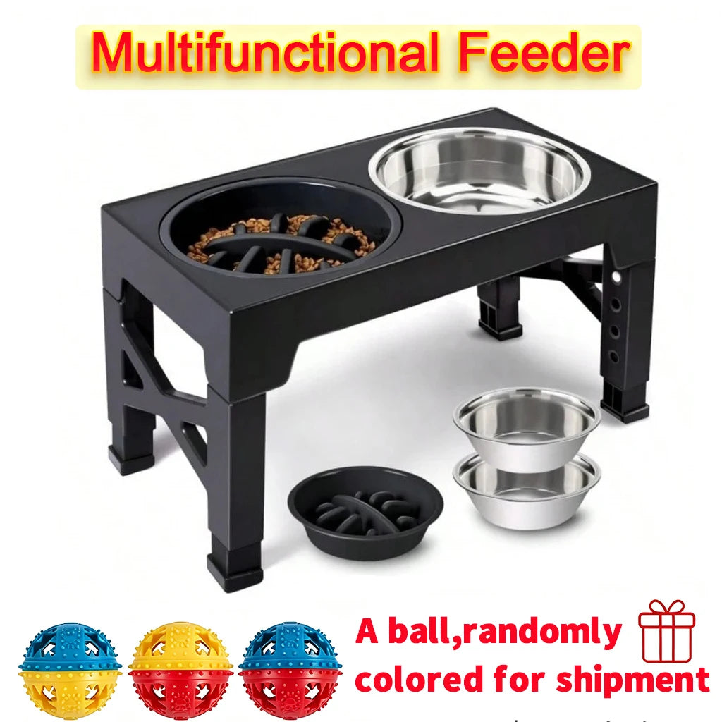Adjustable Elevated Dog Feeder With Slow Feeder Bowl And Ball